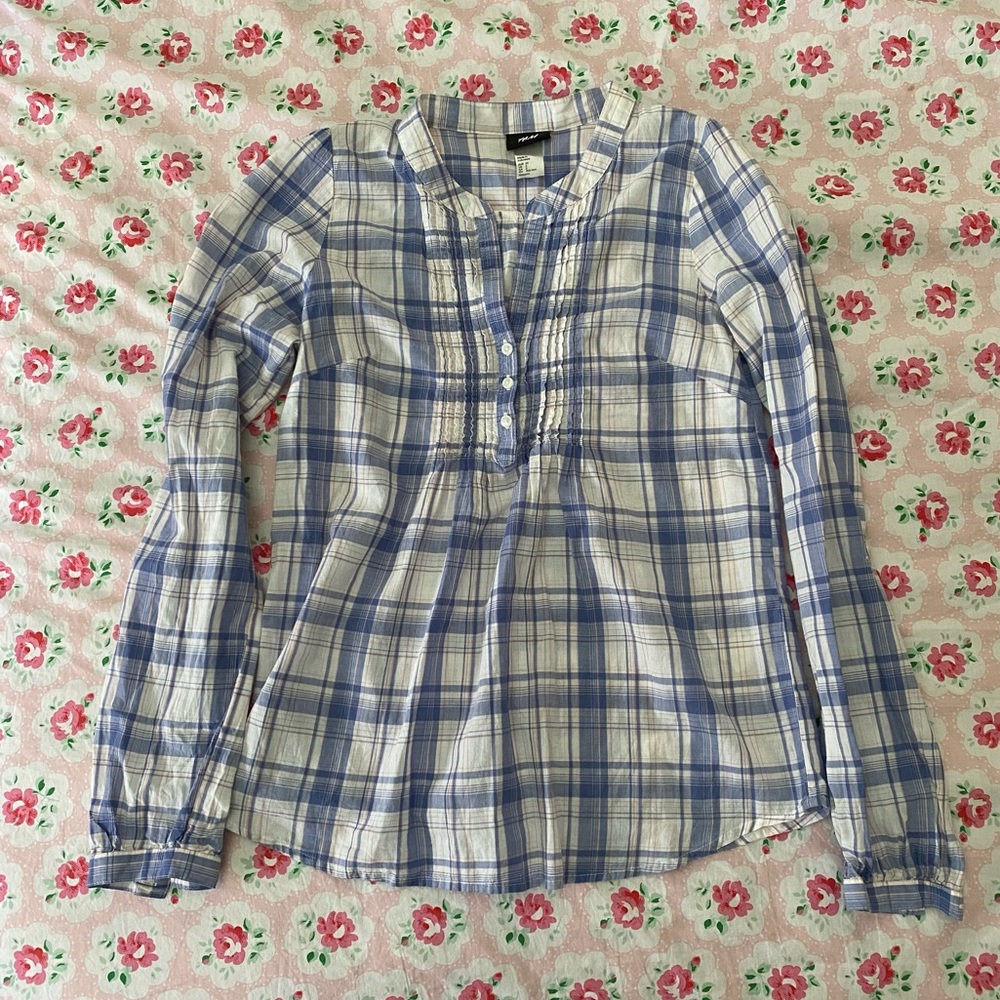 H&M women’s plaid pullover blouse / blue white pink / size 2 xs or xxs